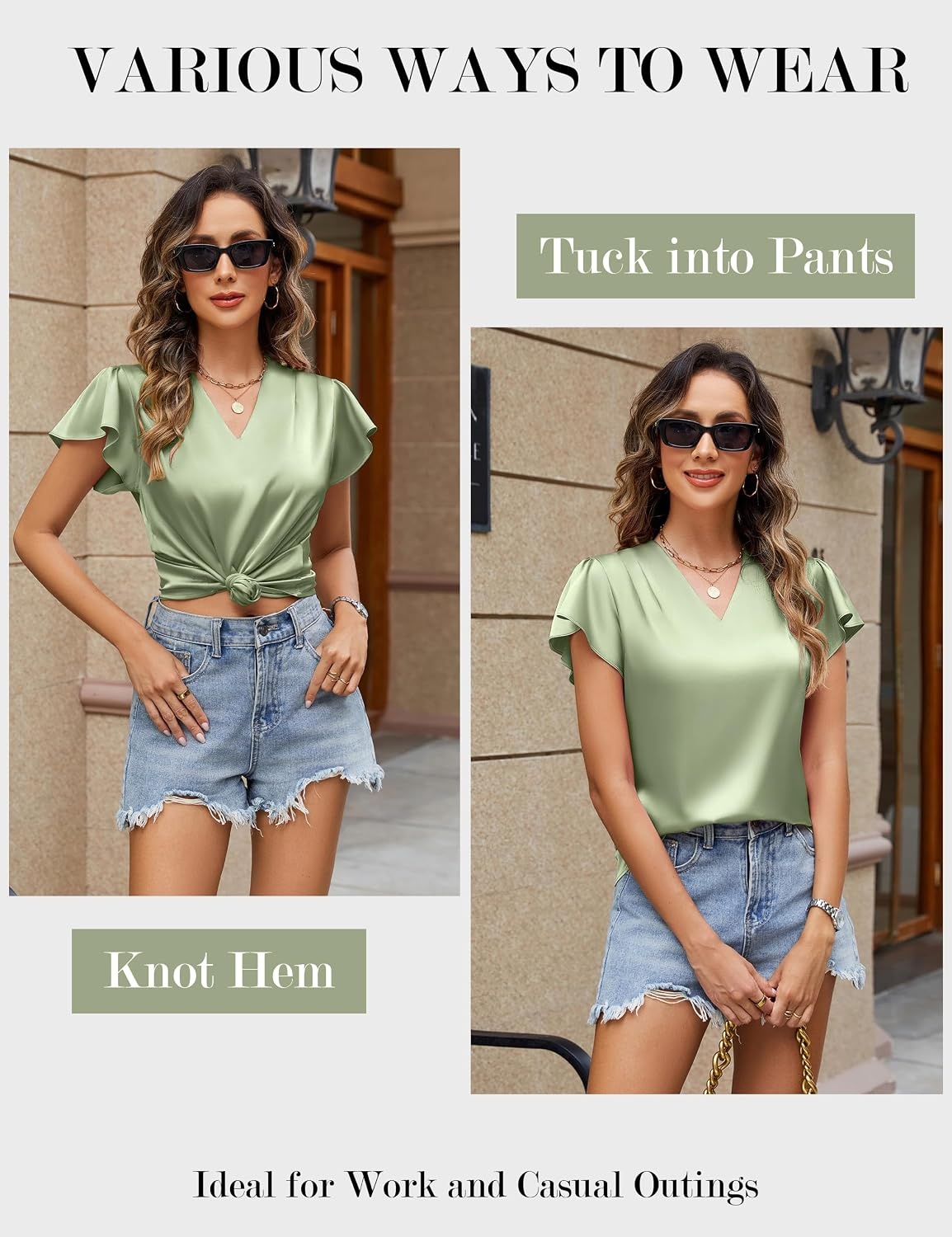 image:imageBlooming Jelly Womens Satin Ruffle Sleeve Blouse Dressy Casual Business WearMint Green