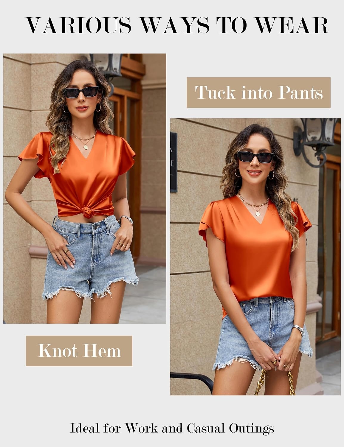 image:imageBlooming Jelly Womens Satin Ruffle Sleeve Blouse Dressy Casual Business WearOrange