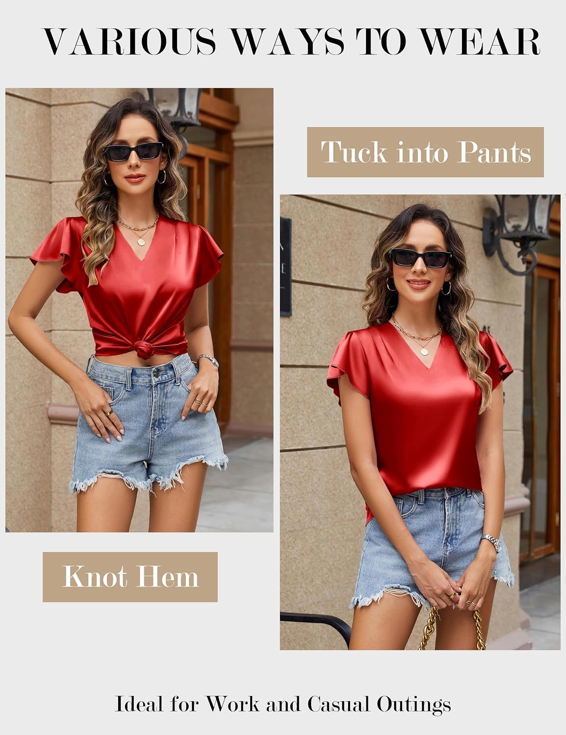 image:imageBlooming Jelly Womens Satin Ruffle Sleeve Blouse Dressy Casual Business WearRed