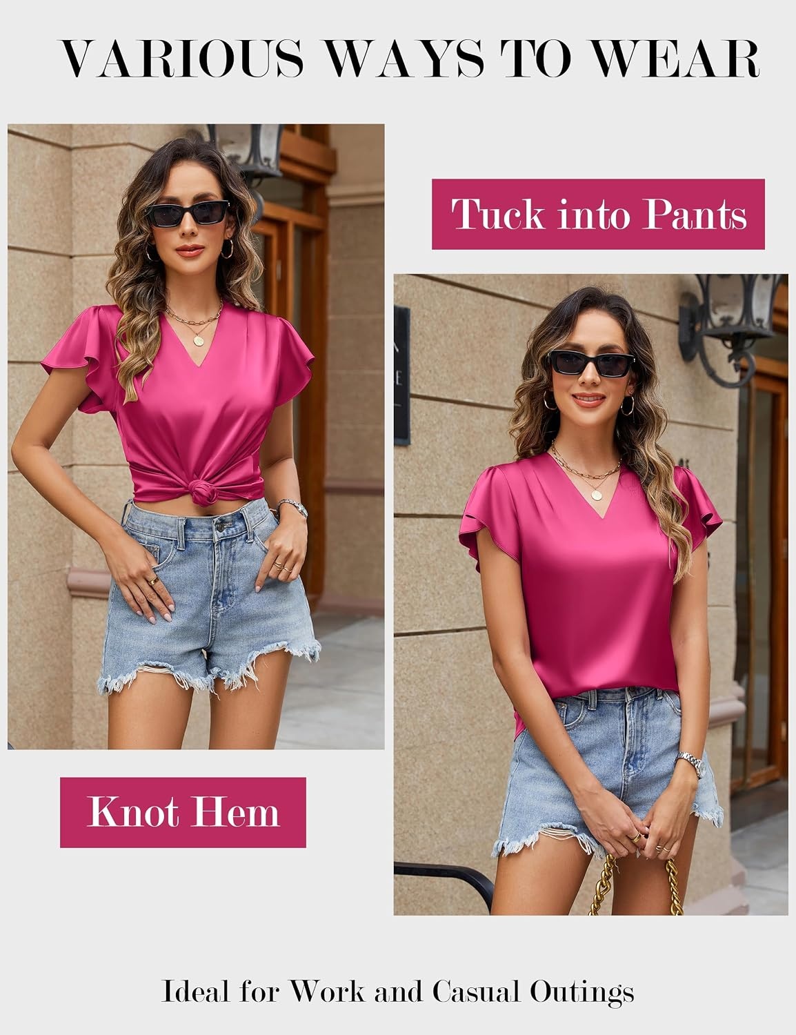 image:imageBlooming Jelly Womens Satin Ruffle Sleeve Blouse Dressy Casual Business WearRose Red