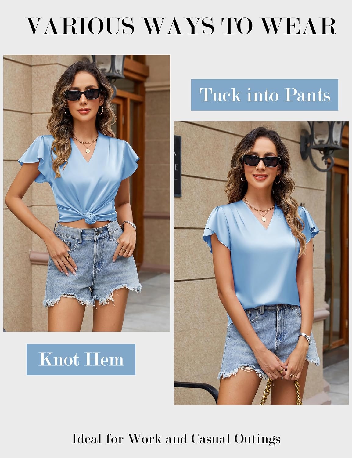 image:imageBlooming Jelly Womens Satin Ruffle Sleeve Blouse Dressy Casual Business WearSky Blue