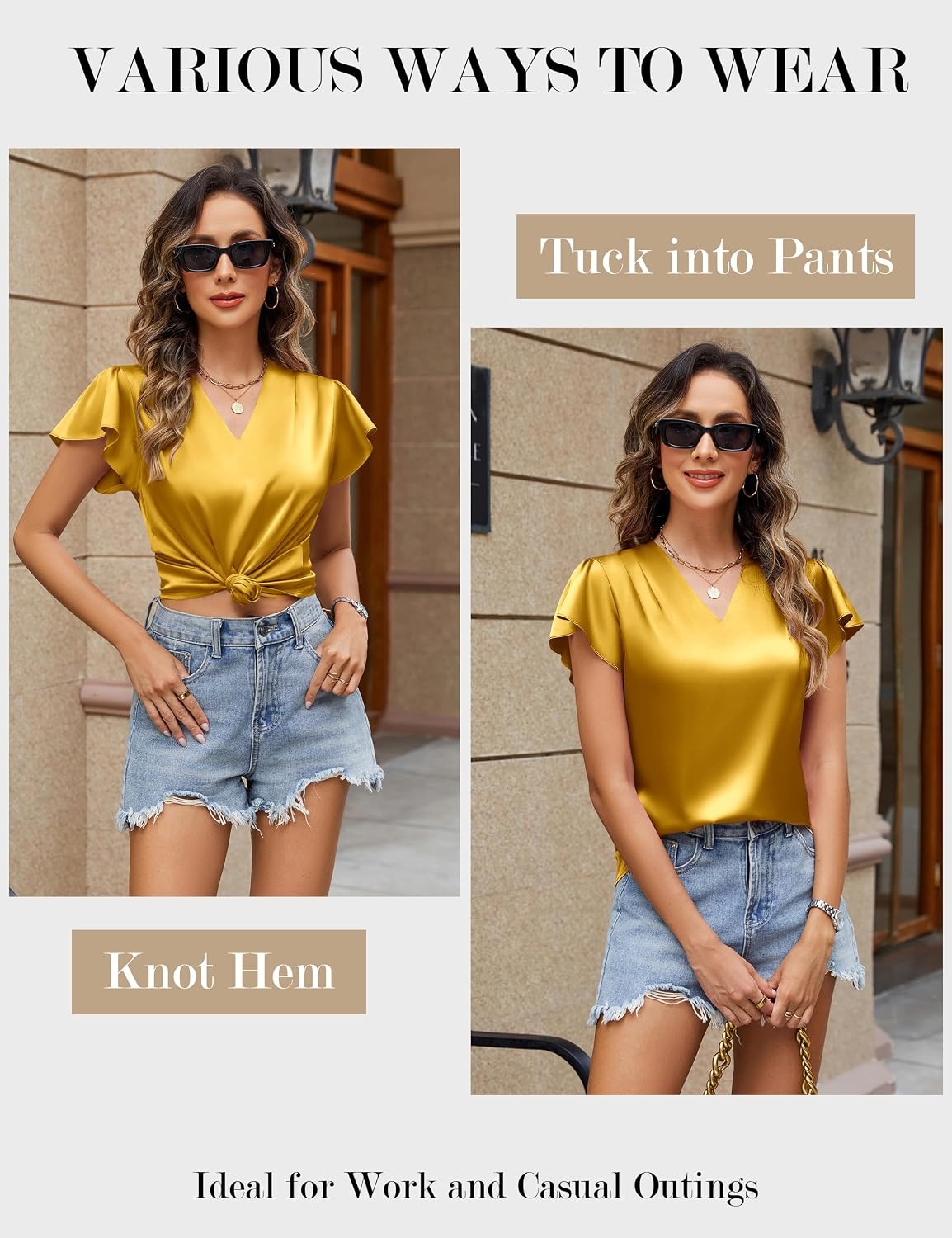 image:imageBlooming Jelly Womens Satin Ruffle Sleeve Blouse Dressy Casual Business WearYellow