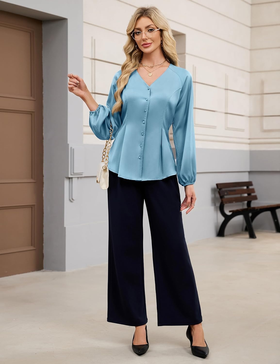 image:imageBlooming Jelly Womens Satin Silk Dressy Casual Business Blouse Button Down Long Sleeve Peplum Top Work Shirt Fall OutfitTurquoise