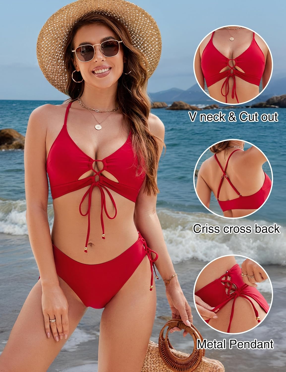 image:imageBlooming Jelly Womens Two Piece Bikini Sets Cutout Curvy Swimsuit 2026Red