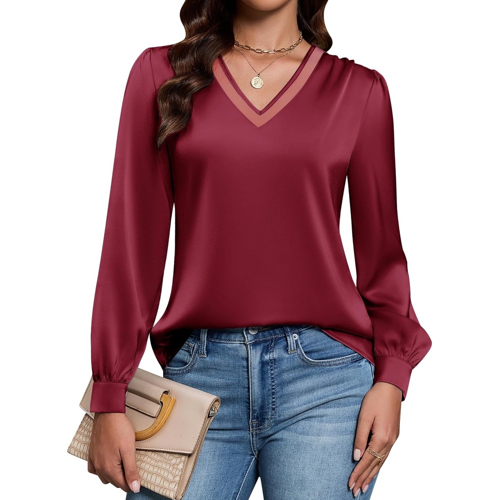 image:imageBlooming Jelly Women Silk Business Dressy Casual Blouses Long Sleeve TopsWine Red