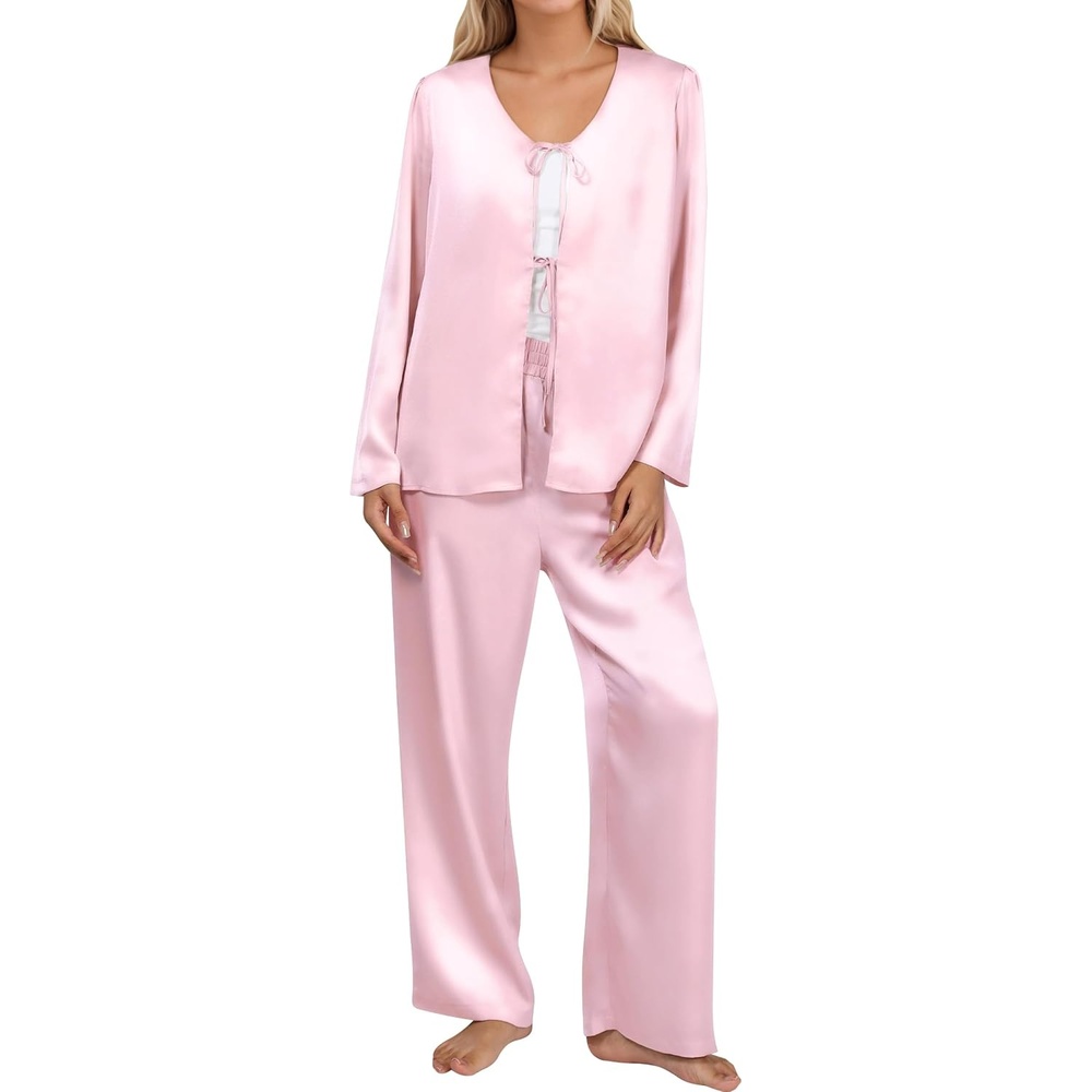 image:imageBlooming Jelly Women Silk Pajamas Set 2 Piece Satin PJ Sets Long Sleeve with Tie Lounge SleepwearPink