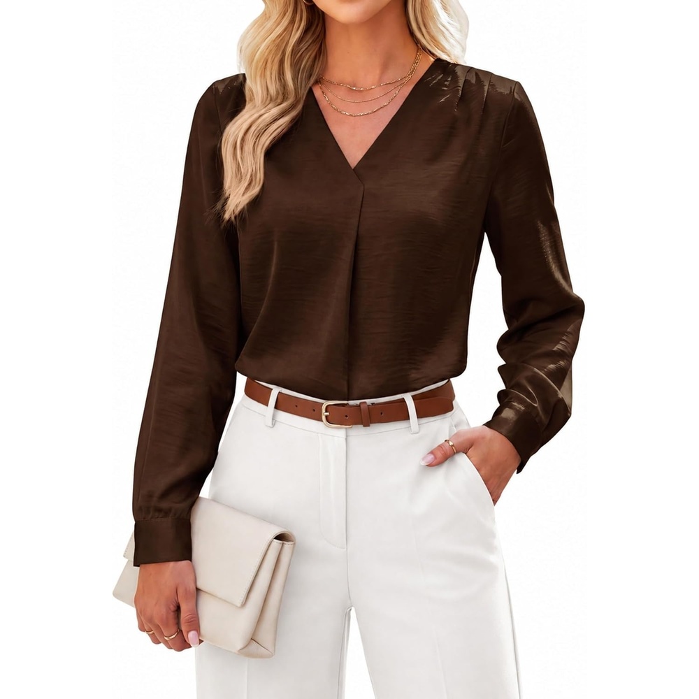 image:imageBlooming Jelly Womens Business Casual Tops V Neck Work Blouses Dressy ShirtBrown
