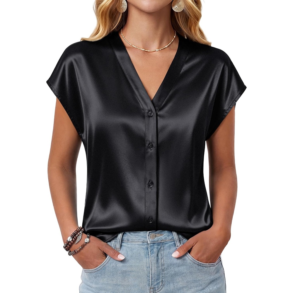 image:imageBlooming Jelly Womens Button Down Shirts Satin Silk Business Casual TopsBlack