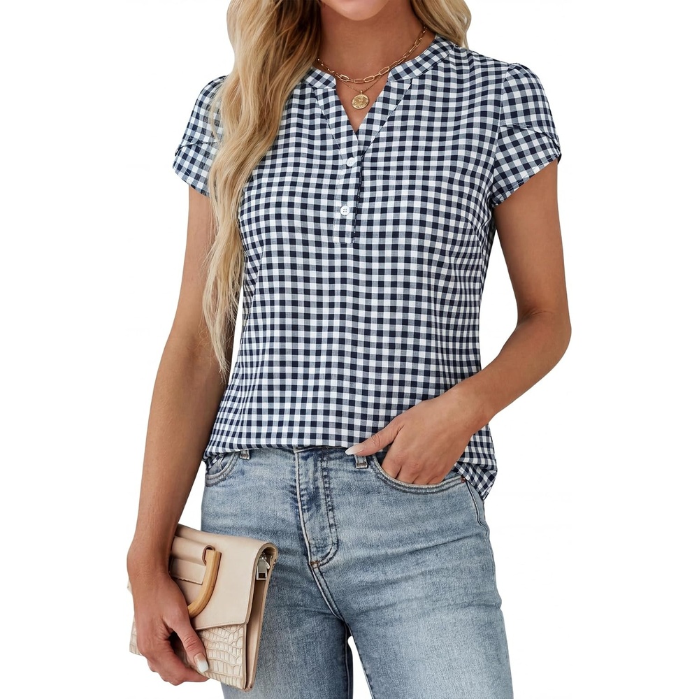 image:imageBlooming Jelly Womens Dressy Casual Tops Business Work Short Sleeve BlouseBlack Plaid