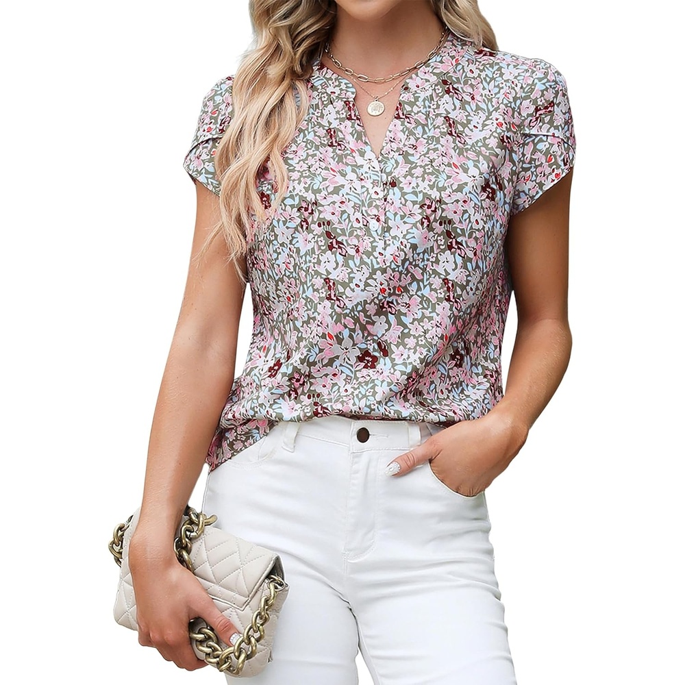 image:imageBlooming Jelly Womens Dressy Casual Tops Business Work Short Sleeve BlouseFloral Light Khaki