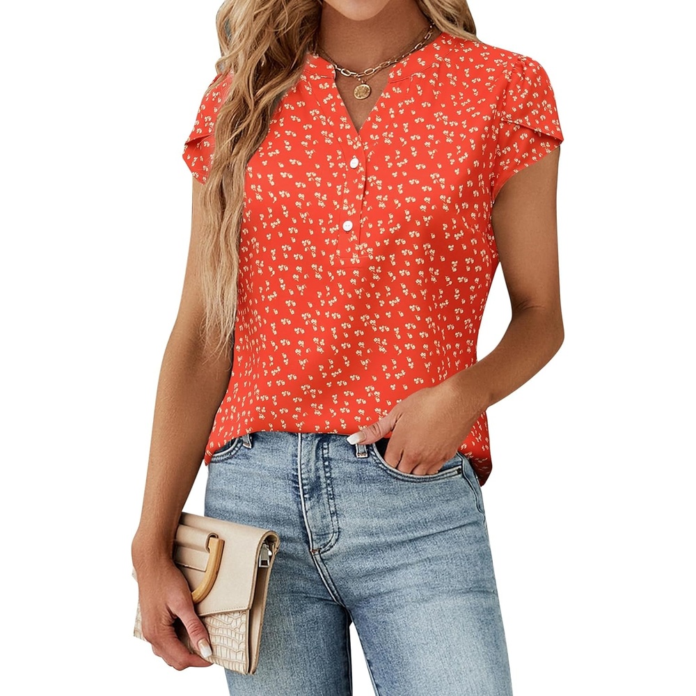 image:imageBlooming Jelly Womens Dressy Casual Tops Business Work Short Sleeve BlouseFloral Orange Red