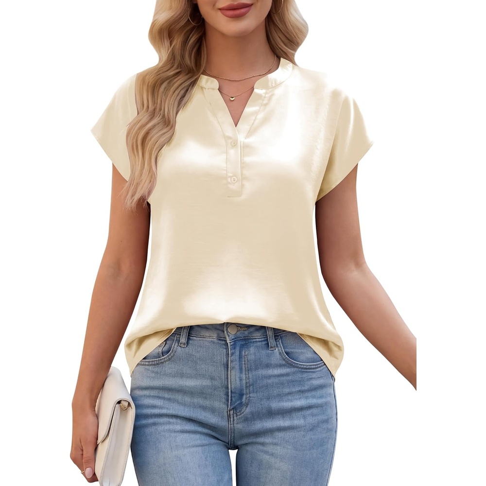 image:imageBlooming Jelly Womens Dressy Casual Tops Satin Work Blouses Cap Sleeve Button Down Shirts Summer Business OutfitsApricot