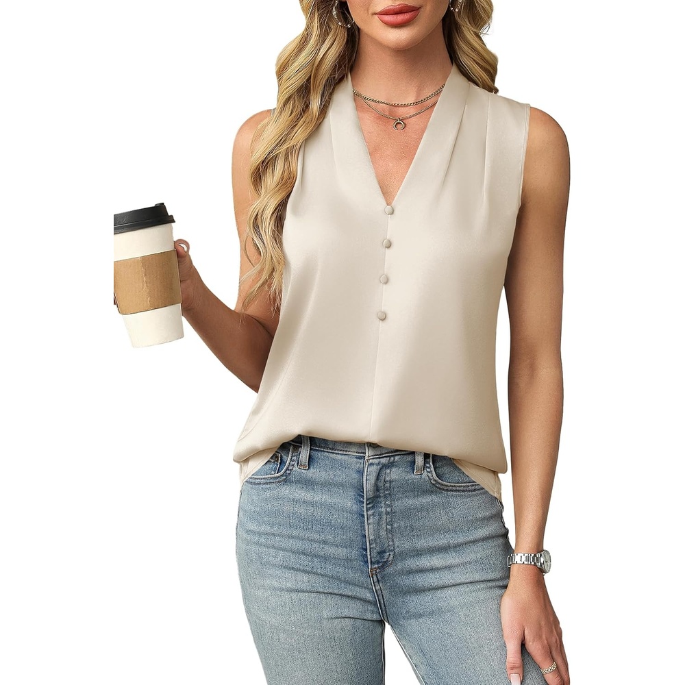 image:imageBlooming Jelly Womens Dressy Tank Tops Summer Sleeveless Work Blouses Silk Satin V Neck Shirts Business Casual OutfitsApricot