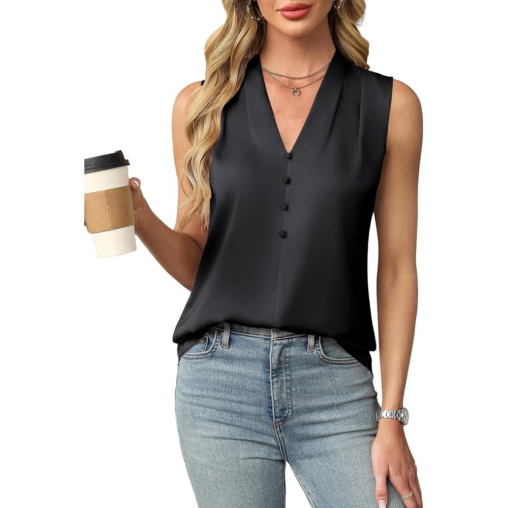 image:imageBlooming Jelly Womens Dressy Tank Tops Summer Sleeveless Work Blouses Silk Satin V Neck Shirts Business Casual OutfitsBlack