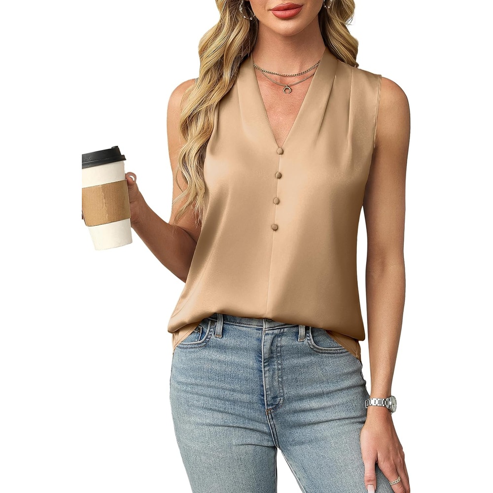 image:imageBlooming Jelly Womens Dressy Tank Tops Summer Sleeveless Work Blouses Silk Satin V Neck Shirts Business Casual OutfitsKhaki