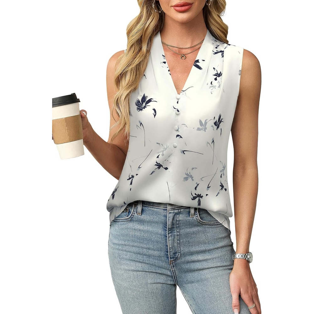 image:imageBlooming Jelly Womens Dressy Tank Tops Summer Sleeveless Work Blouses Silk Satin V Neck Shirts Business Casual OutfitsLvory White Flower