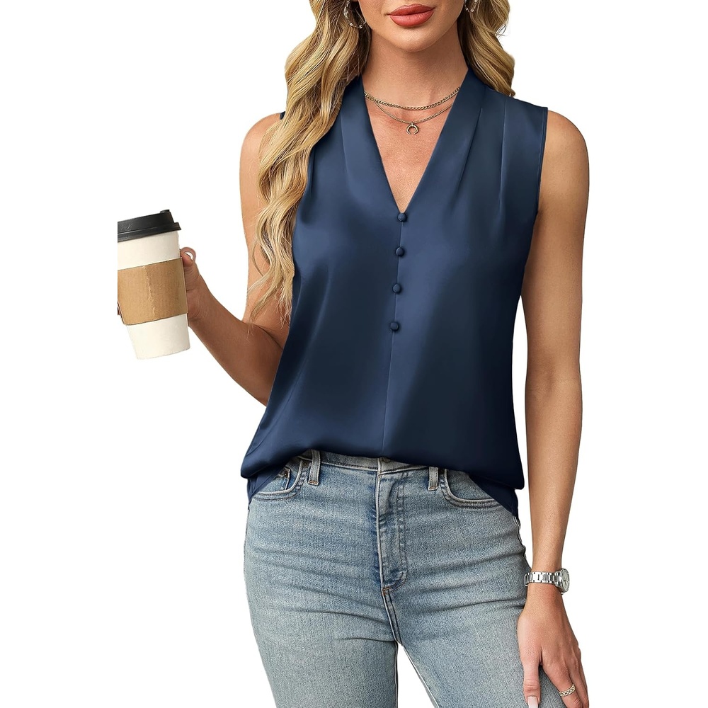image:imageBlooming Jelly Womens Dressy Tank Tops Summer Sleeveless Work Blouses Silk Satin V Neck Shirts Business Casual OutfitsNavy Blue