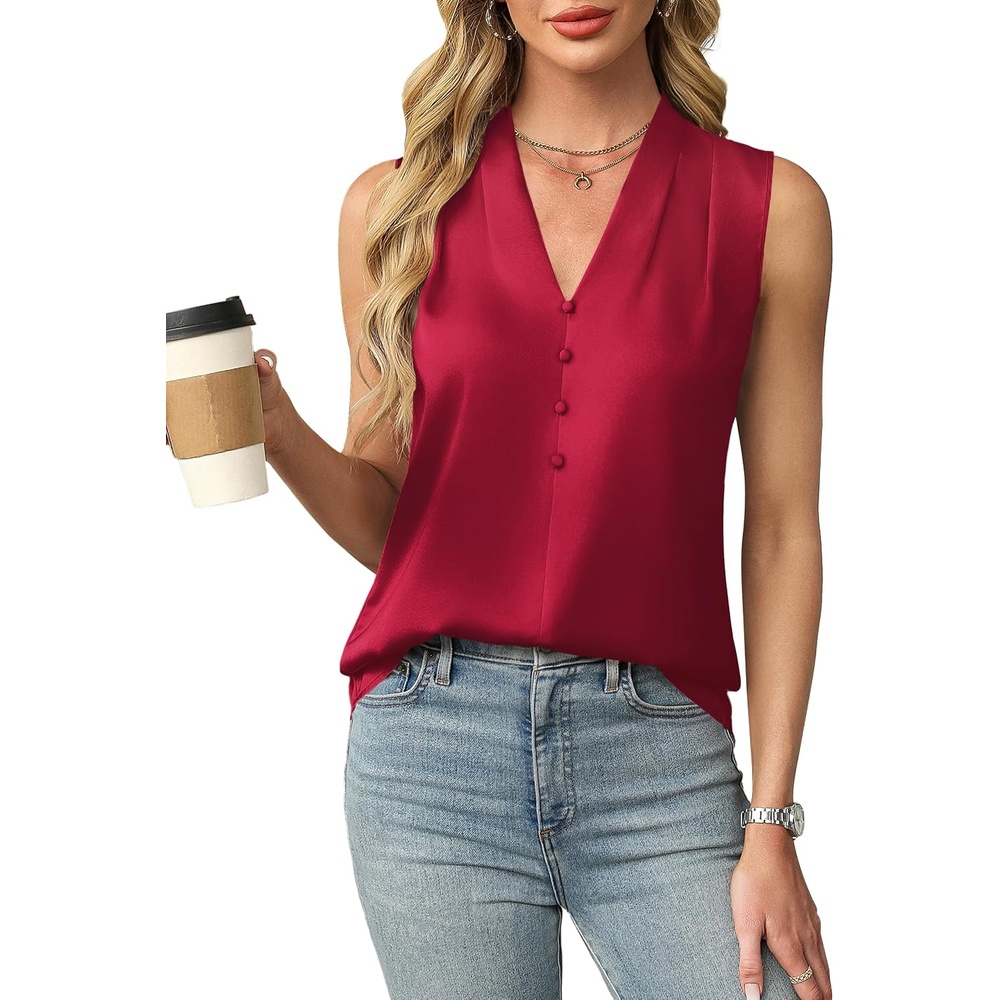 image:imageBlooming Jelly Womens Dressy Tank Tops Summer Sleeveless Work Blouses Silk Satin V Neck Shirts Business Casual OutfitsRed