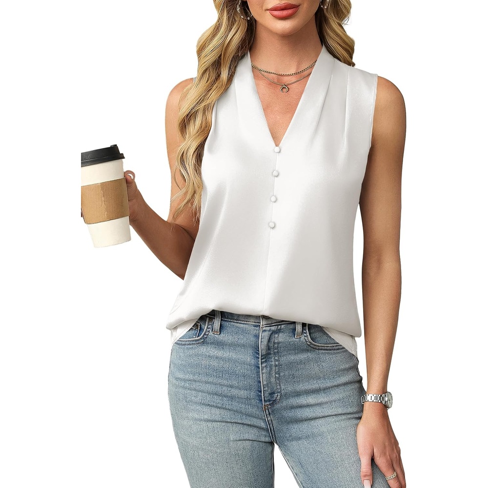 image:imageBlooming Jelly Womens Dressy Tank Tops Summer Sleeveless Work Blouses Silk Satin V Neck Shirts Business Casual OutfitsWhite