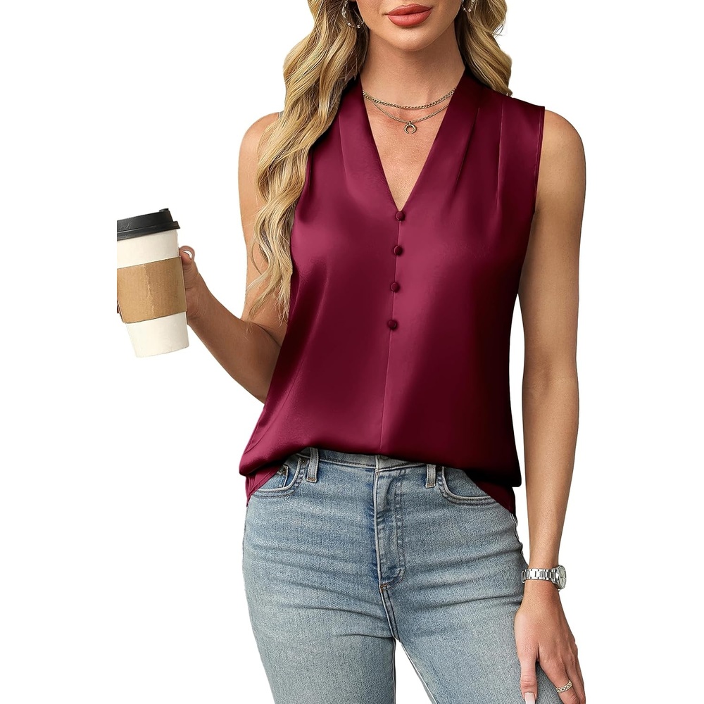 image:imageBlooming Jelly Womens Dressy Tank Tops Summer Sleeveless Work Blouses Silk Satin V Neck Shirts Business Casual OutfitsWine Red