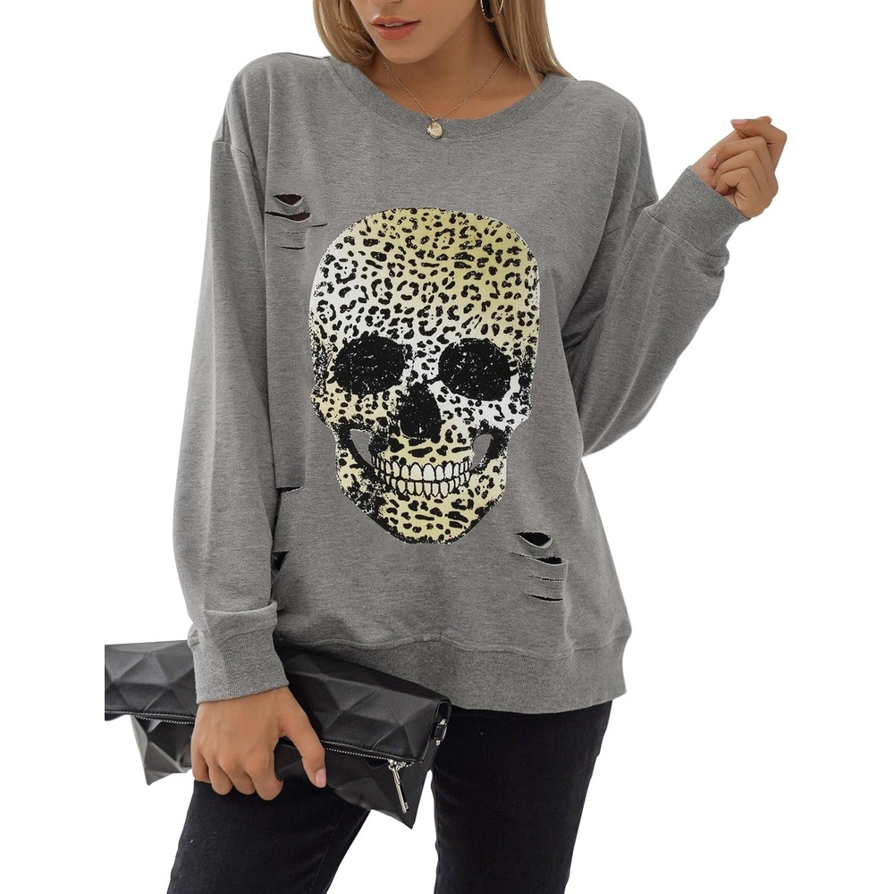 image:imageBlooming Jelly Womens Halloween Sweatshirts Skull Shirts Fall SweaterGreyleopard Skull