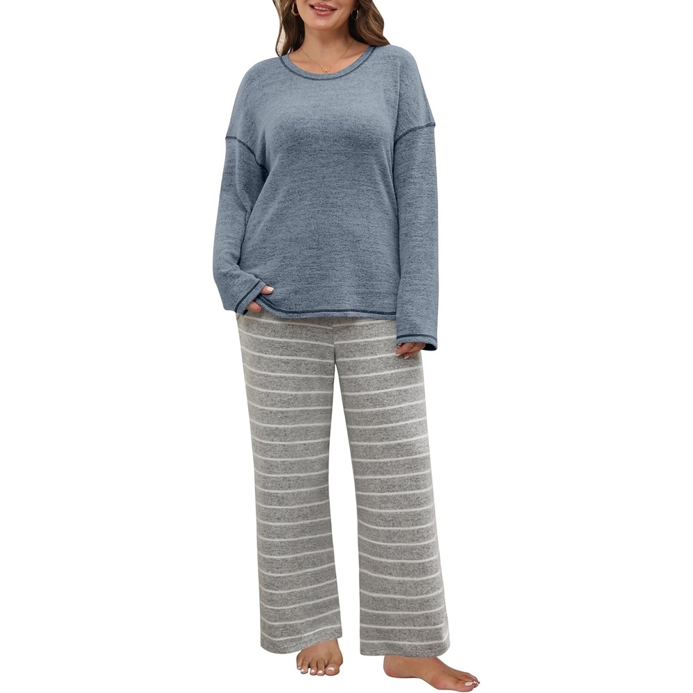 image:imageBlooming Jelly Womens Plus Size Pajamas Sets Cute 2 Piece Lounge Set Color Block Matching Fall Pjs Loungewear PocketsBluegrey Stripes