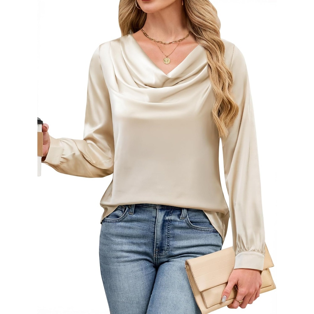 image:imageBlooming Jelly Womens Satin Blouse Cowl Neck Draped Long Sleeve Dressy TopsApricot
