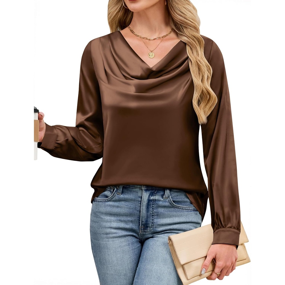 image:imageBlooming Jelly Womens Satin Blouse Cowl Neck Draped Long Sleeve Dressy TopsBrown