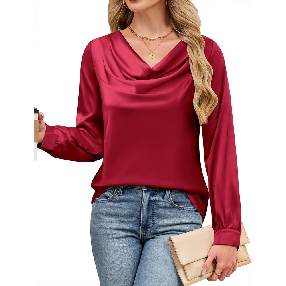 image:imageBlooming Jelly Womens Satin Blouse Cowl Neck Draped Long Sleeve Dressy TopsBurgundy