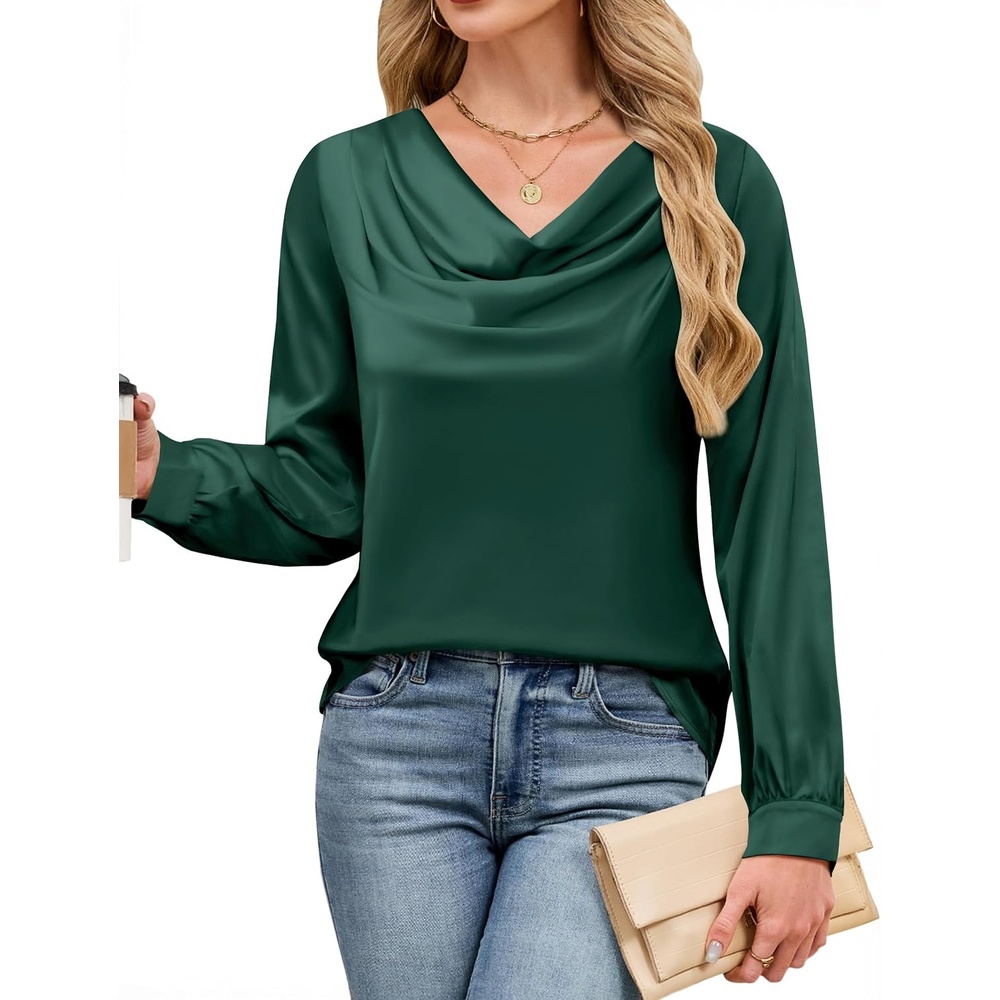image:imageBlooming Jelly Womens Satin Blouse Cowl Neck Draped Long Sleeve Dressy TopsEmerald Green