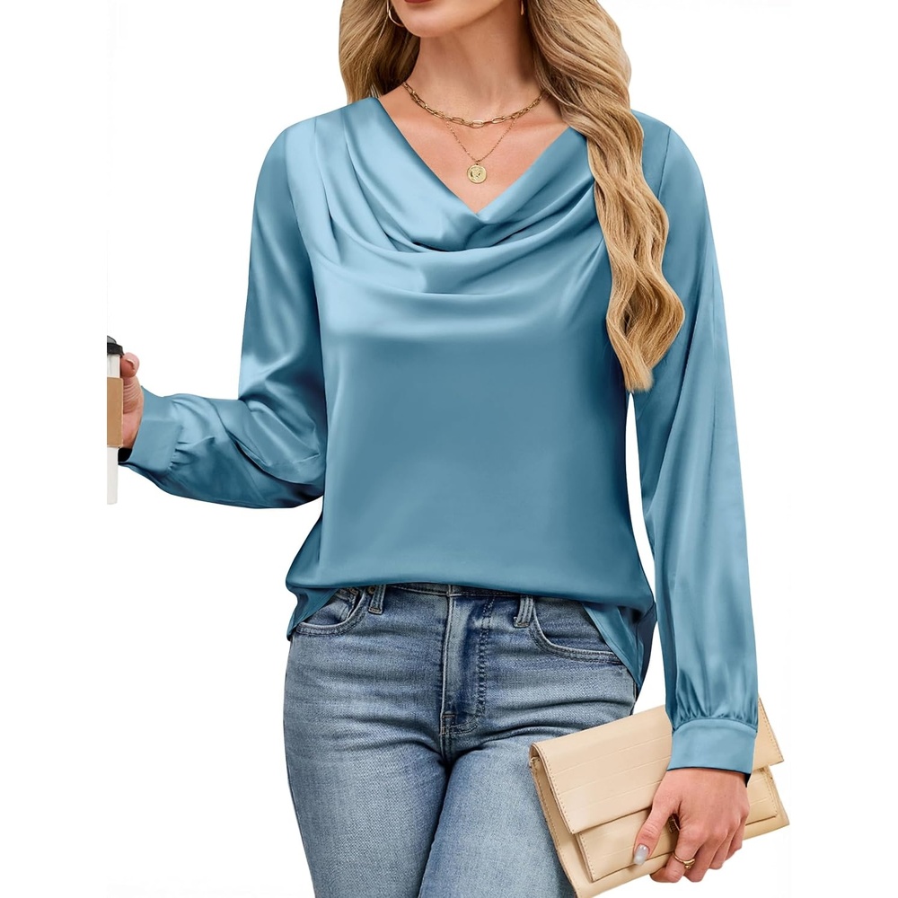 image:imageBlooming Jelly Womens Satin Blouse Cowl Neck Draped Long Sleeve Dressy TopsTeal