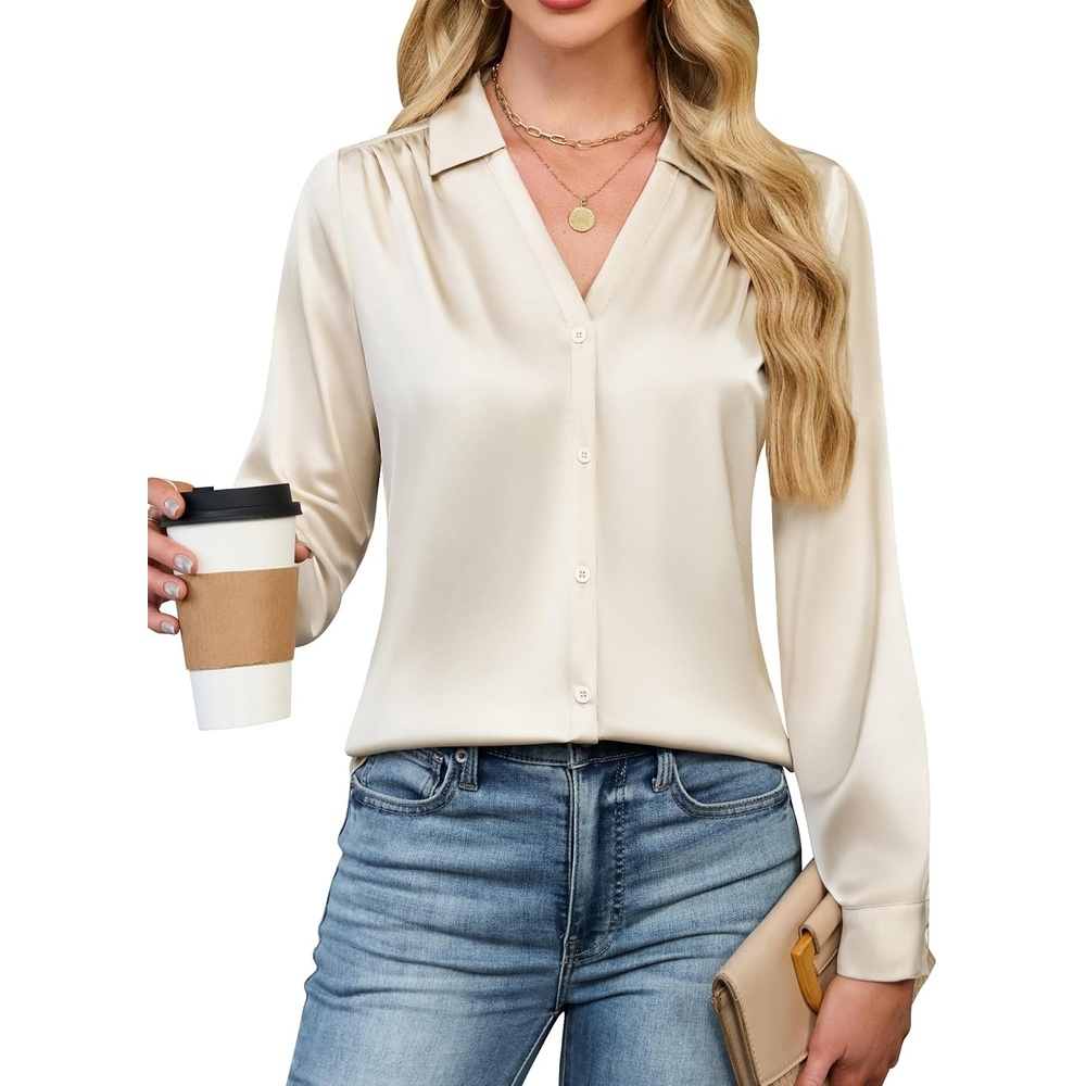 image:imageBlooming Jelly Womens Satin Button Down Shirts Work Dressy Casual Blouses Shirt Collar Long Sleeve Tops 2025Beige