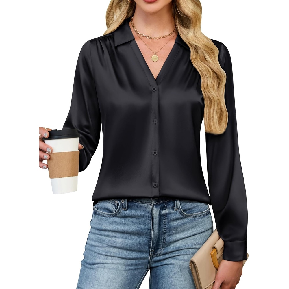 image:imageBlooming Jelly Womens Satin Button Down Shirts Work Dressy Casual Blouses Shirt Collar Long Sleeve Tops 2025Black