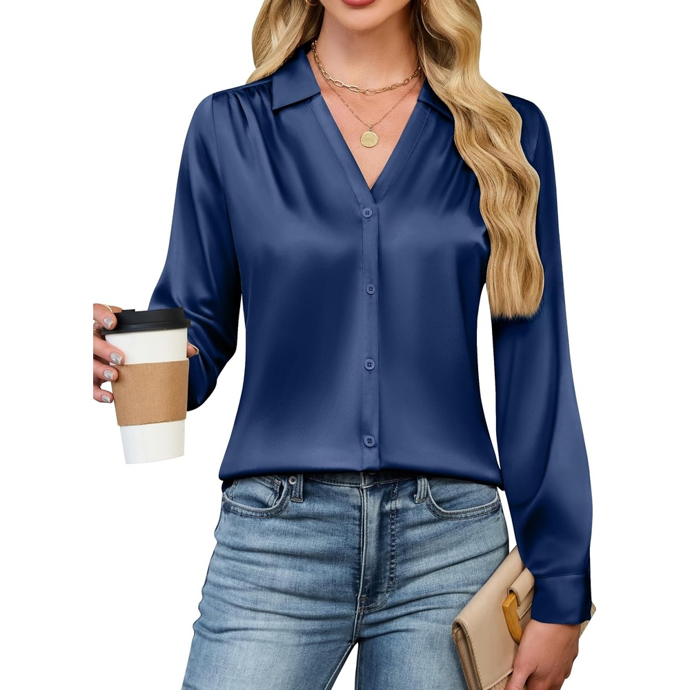 image:imageBlooming Jelly Womens Satin Button Down Shirts Work Dressy Casual Blouses Shirt Collar Long Sleeve Tops 2025Navy Blue