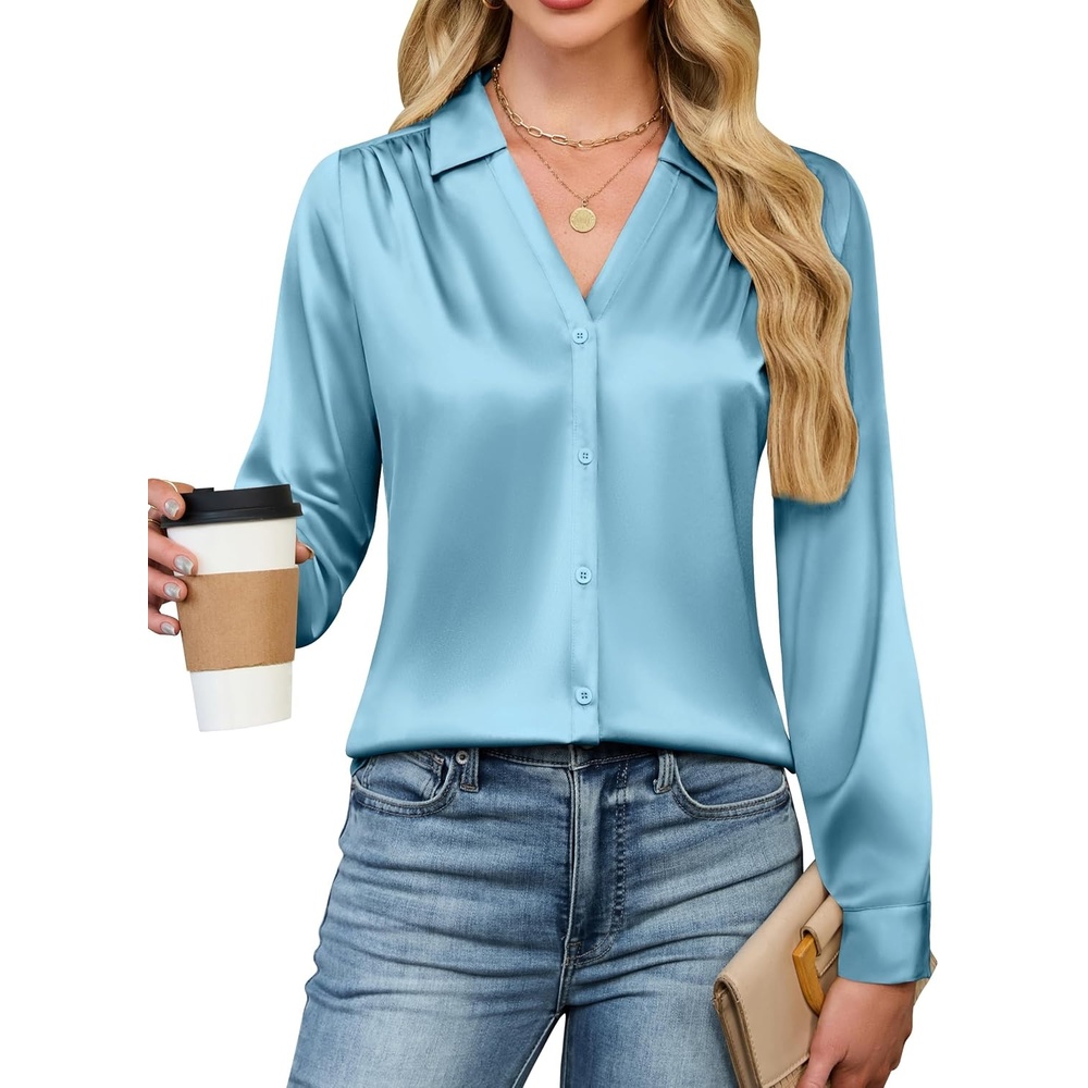 image:imageBlooming Jelly Womens Satin Button Down Shirts Work Dressy Casual Blouses Shirt Collar Long Sleeve Tops 2025Turquoise