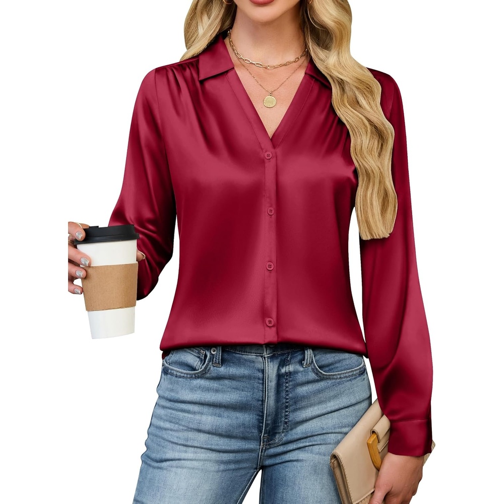 image:imageBlooming Jelly Womens Satin Button Down Shirts Work Dressy Casual Blouses Shirt Collar Long Sleeve Tops 2025Wine Red
