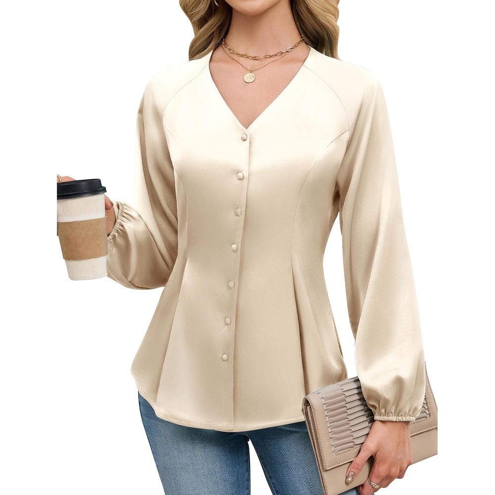 image:imageBlooming Jelly Womens Satin Silk Dressy Casual Business Blouse Button Down Long Sleeve Peplum Top Work Shirt Fall OutfitApricot