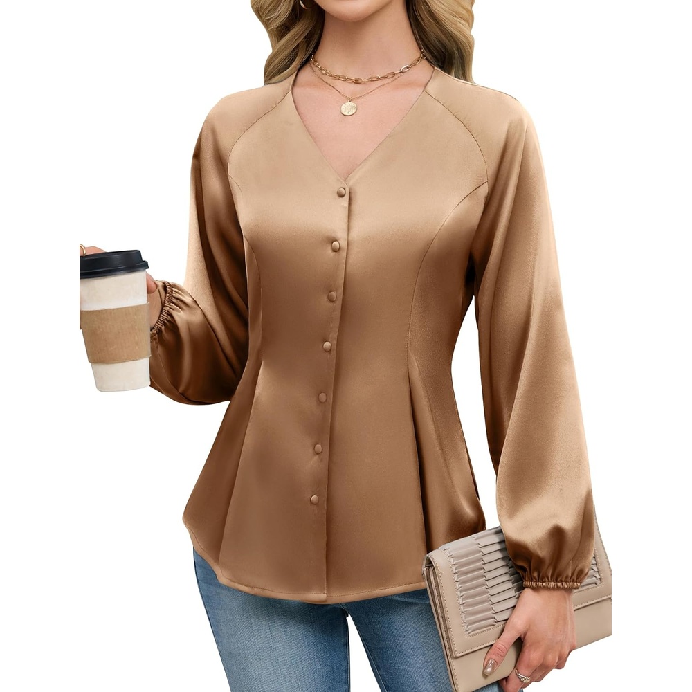 image:imageBlooming Jelly Womens Satin Silk Dressy Casual Business Blouse Button Down Long Sleeve Peplum Top Work Shirt Fall OutfitKhaki