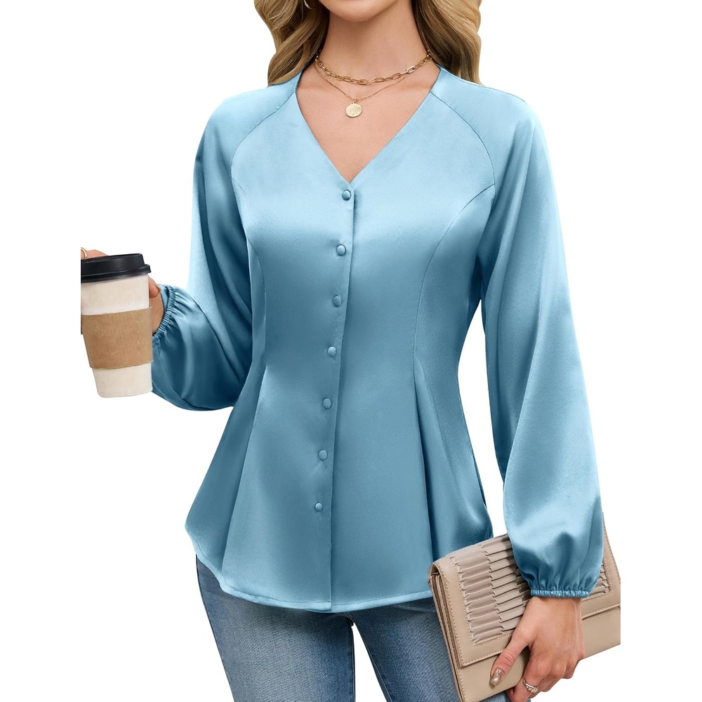 image:imageBlooming Jelly Womens Satin Silk Dressy Casual Business Blouse Button Down Long Sleeve Peplum Top Work Shirt Fall OutfitTurquoise