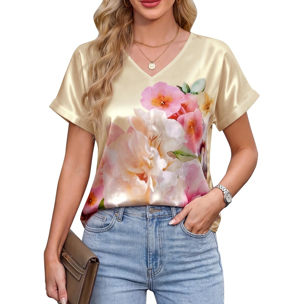 image:imageBlooming Jelly Womens Silk Satin Dressy Casual Blouses Short Sleeve Summer Tops Trendy Work Business Outfits 2026Beige