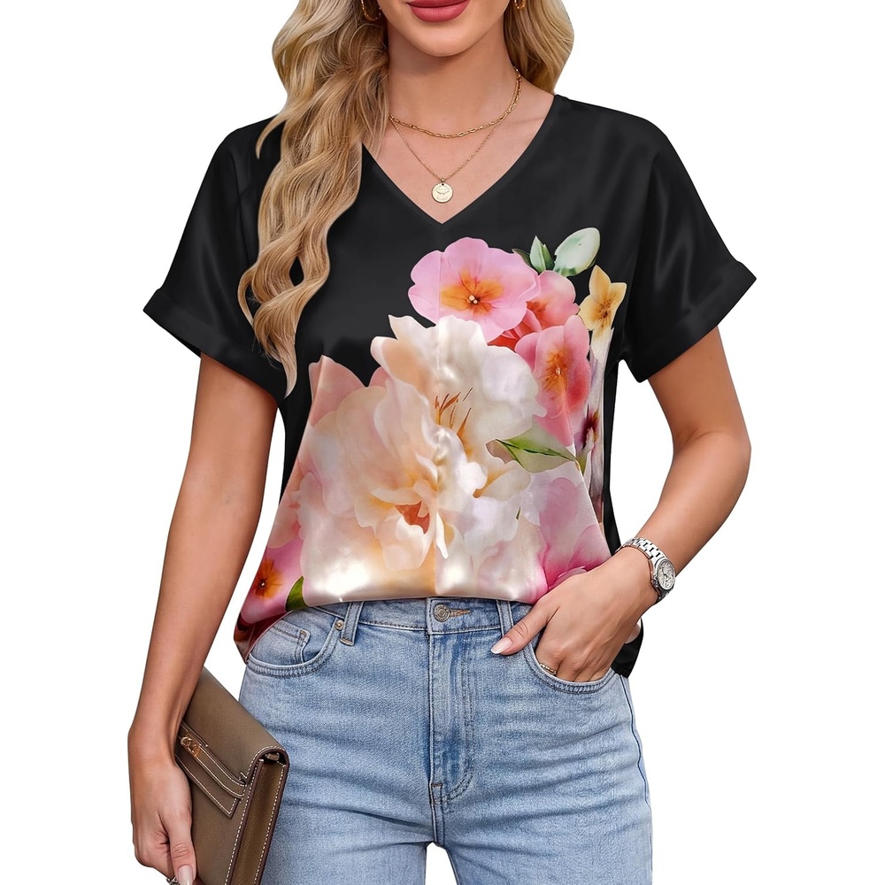 image:imageBlooming Jelly Womens Silk Satin Dressy Casual Blouses Short Sleeve Summer Tops Trendy Work Business Outfits 2026Black