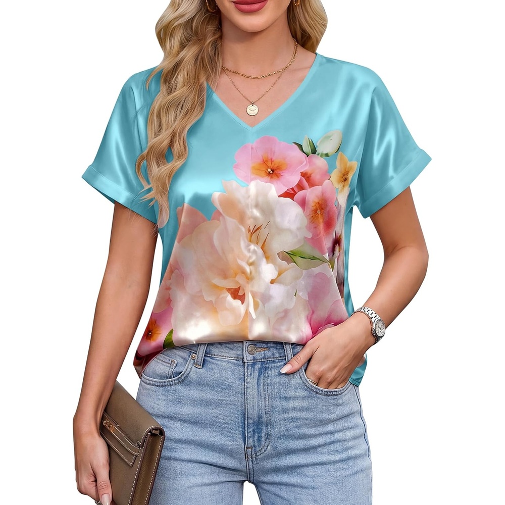 image:imageBlooming Jelly Womens Silk Satin Dressy Casual Blouses Short Sleeve Summer Tops Trendy Work Business Outfits 2026Blue