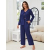 Blooming Jelly Women Silk Pajamas Set 2 Piece Satin PJ Sets Long Sleeve with Tie Lounge Sleepwear(Deep Blue)