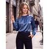 Blooming Jelly Womens Dressy Business Casual Blouse Pleated Long Sleeve Tops Satin Silk Work Shirt Fall Outfits 2026(Dark Blue)