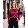 Blooming Jelly Womens Dressy Business Casual Blouse Pleated Long Sleeve Tops Satin Silk Work Shirt Fall Outfits 2026(Red)