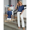 Blooming Jelly Women’s Dressy Business Casual Blouses Silk Puff Sleeve Tops Summer Outfits V Neck Pleated Work Shirts 2025(Navy Blue)