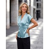 Blooming Jelly Womens Dressy Casual Blouses Satin Button Down Cap Sleeve Business Tops Tie Back Summer Outfits(Blue)