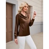 Blooming Jelly Womens Satin Blouse Cowl Neck Draped Long Sleeve Dressy Tops(Brown)
