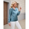 Blooming Jelly Womens Satin Blouse Cowl Neck Draped Long Sleeve Dressy Tops(Teal)