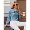 Blooming Jelly Womens Satin Blouse Cowl Neck Draped Long Sleeve Dressy Tops(Teal)